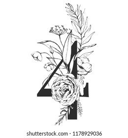 Vector Graphic Floral Numbers - digit 4 with black & white inked flowers bouquet composition. Unique collection for wedding invites decoration, logo, baby shower, birthday & many other concept ideas.