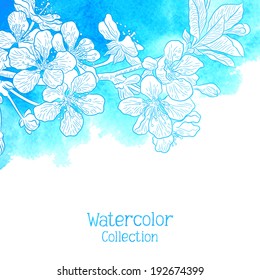 Vector graphic flowers collection. Spring illustration of a branch with flowers and leaves. Colorful background for your design of invitation or greeting cards