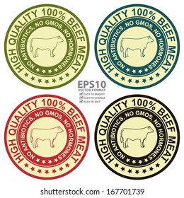 Vector : Graphic for Food Business Present By Colorful Vintage Style High Quality 100 Percent Beef Meat No Antibiotics, No Gmos, No Hormones Stamp, Label, Sticker or Icon Isolated on White Background 