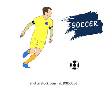 Vector graphic of a football player wearing a yellow jersey.  Vector illustration of a football player with a ball.  Sports themed display with "Soccer" inscription.