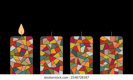 Vektorgrafik mit vier bunten Kerzen auf schwarzem Hintergrund, eine Kerze brennt. Freier Platz für Text. Vorlage für Grüße zum 1. Advent.