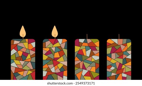 Vector gráfico con cuatro velas de colores sobre un fondo negro, dos velas se están quemando. Espacio libre para texto. Plantilla de saludos para el 2do Adviento.