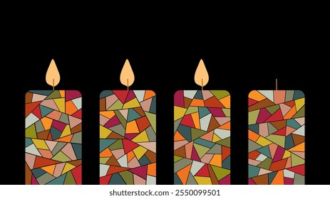 Gráfico vetorial com quatro velas coloridas em um fundo preto, três velas estão queimando. Espaço livre para texto. Modelo para saudações para o 3º Advento.