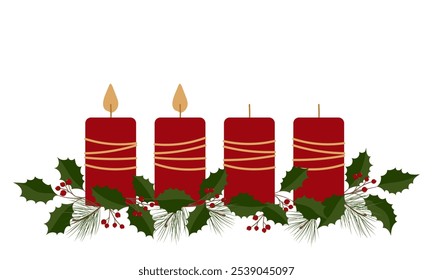 Vector gráfico con cuatro velas rojas, ramas de pino y acebo, dos velas se están quemando. Espacio libre para texto. Plantilla de saludos para el 2do Adviento.