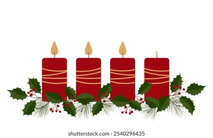 Gráfico vetorial com quatro velas vermelhas, pinheiro e ramos holly, três velas estão queimando. Espaço livre para texto. Modelo para saudações para o 3º Advento.