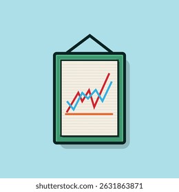 Vector graphic of a framed notepad with red, blue, and orange lines representing a data chart, symbolizing business growth and analytics on a light blue background