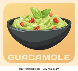 Vector graphic of fresh bowl of guacamole, touch of Mexican flair. Creamy avocado dip with cherry tomatoes and sprig of basil, on a black platter on warm yellow background. Cartoon icon