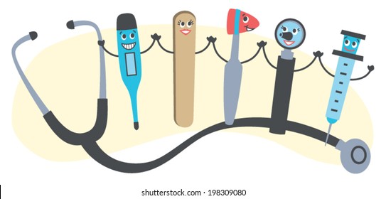 Vector Graphic of Friendly Medical Tools. Common doctors' instruments with happy faces.