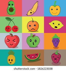 Vector graphic of fruits kawaii style. Suitable for sticker design, wallpaper, and other.