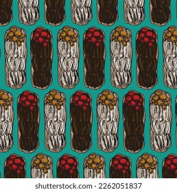 Vector graphic full-color pattern with eclairs with berries and chocolate glaze. Special template for birthday and children's holidays. Collection for festive designer packaging, textiles, scrapbookin