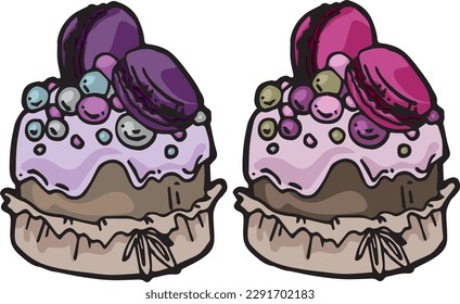 Vector graphic full-color set with basic Easter cakes with macaroon and sprinkles. Spring contour collection for Mother's Day, Easter. Image for textiles, chancery, design, scrapbooking