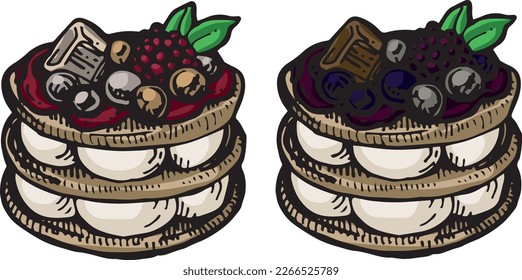 Vector graphic full-color set with tiramisu cakes of different fillings. A special template for birthday and children's holidays. Collection for festive designer packaging, textiles, scrapbooking