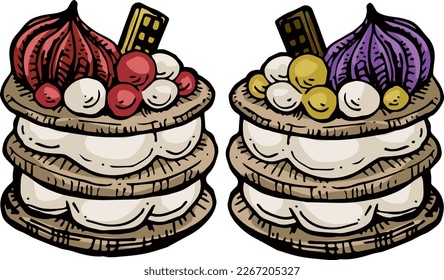 Vector graphic full-color set with tiramisu cakes of different fillings. A special template for birthday and children's holidays. Collection for festive designer packaging, textiles, scrapbooking