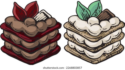 Juego de vectores gráficos a todo color con pasteles tiramisu con chocolate blanco y negro. Una plantilla especial para cumpleaños y vacaciones para niños. Colección para embalajes de diseño festivo, textiles, libro de recortes