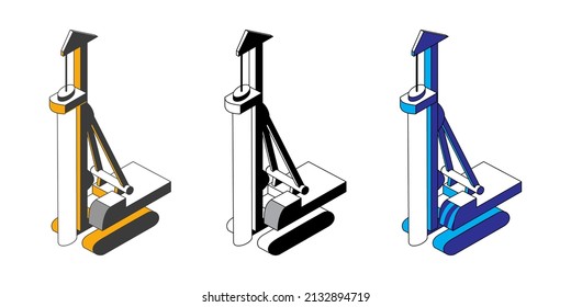 Vector graphic of fully cased drilling vehicle with rotary drive on track-type platform. Pictures painted in black and white plus gray, yellow and blue colours. Ready to use.