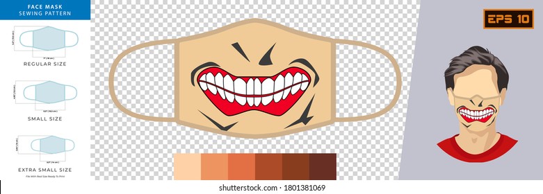Vector Graphic of funny masks with emotion expression in mask design. Face mask sewing pattern front view concept with real size ready to print. Face mask design with human skin tone color. eps10.