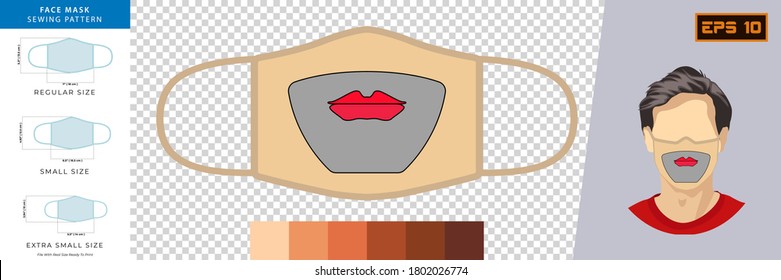 Vector Gráfico de máscaras divertidas con expresión emocional en el diseño de máscaras. Enmascaramiento facial coser el concepto de vista frontal con tamaño real listo para imprimir. Plantilla de diseño de máscara facial para impresión.
