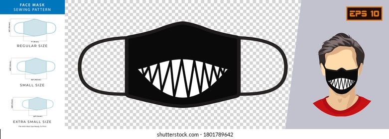 Vektorgrafik lustiger Masken im Maskendesign. Frontansicht-Konzept für Gesichtspflegemasken mit echter Größe zum Drucken bereit. Gesichtsmasken-Design-Vorlage, Staubschutz & Atemschutz.
