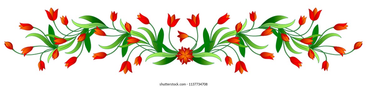 Vector graphic Garland Border of Red Tulips. Beautiful hand-drawn composition for congratulations, print and insertion into documents, websites, presentations, etc.