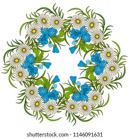 Vector graphic Garland Chamomile & Campanula. Beautiful hand-drawn composition for congratulations, print and insertion into documents, websites, presentations, etc.