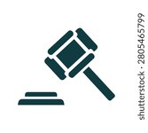 Vector graphic of a gavel and sound block, symbolizing justice, law, and democracy in a simple, dark green illustration style.