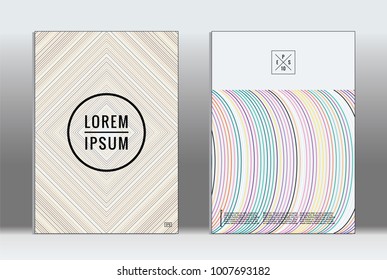 Vector graphic geometric covers with minimalistic pattern for templates, layouts, posters, brochures, catalogs, flyers. Set of placards with minimalistic geometry elements. Design template with lines 