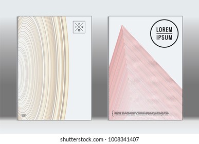 Vector graphic geometric covers with minimalistic pattern for templates, layouts, posters, brochures, catalogs, flyers. Set of placards with minimalistic geometry elements. Design template with lines 