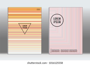 Vector graphic geometric covers with minimalistic pattern for templates, layouts, posters, brochures, catalogs, flyers. Set of placards with minimalistic geometry elements. Design template with lines 