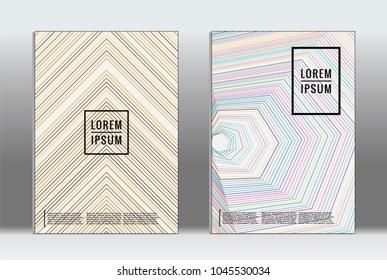 Vector graphic geometric covers with minimalistic pattern for templates, layouts, posters, brochures, catalogs, flyers. Set of placards with minimalistic geometry elements. Design template with lines 