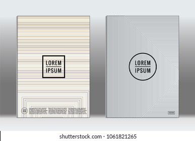 Vector graphic geometric covers with minimalistic pattern for templates, layouts, posters, brochures, catalogs, flyers. Set of placards with minimalistic geometry elements. Design template with lines 