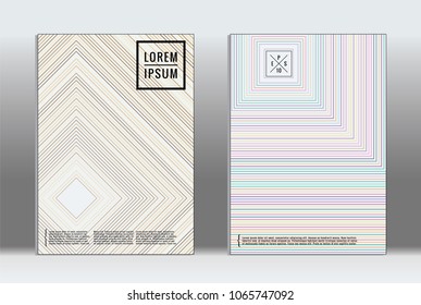 Vector graphic geometric covers with minimalistic pattern for templates, layouts, posters, brochures, catalogs, flyers. Set of placards with minimalistic geometry elements. Design template with lines 