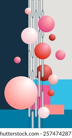 Vector graphic with geometric elements and bubbles in blue, red and pink tones. Free space for text. Template for invitations, greetings, social media posts, covers and posters.