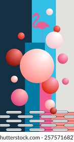 Vector graphic with geometric elements, flamingo and bubbles in blue, red and pink tones. Free space for text. Template for invitations, greetings, social media posts, covers and posters.