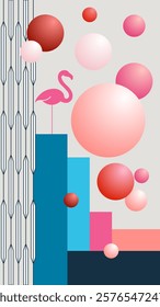 Vector graphic with geometric elements, flamingo and bubbles in blue, red and pink tones. Free space for text. Template for invitations, greetings, social media posts, covers and posters.