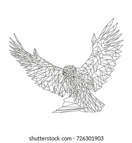 Vector graphic geometric image. Sitting eagle on a stone with wings spread.