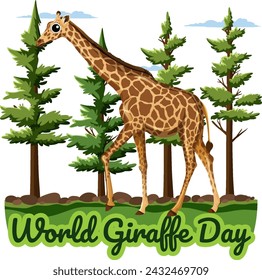 Vector graphic of a giraffe among trees with text.