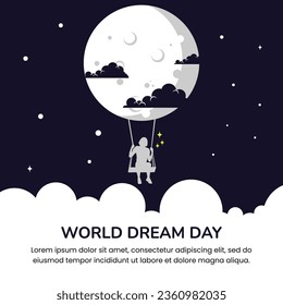 Vector graphic of girl flying in the sky with a moon illustration suitable for world dream day