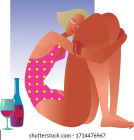 vector graphic girl with wine at home