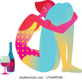 vector graphic girl with wine at home