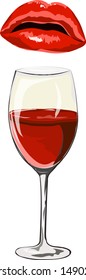 Vector graphic glass of wine with lips on a white background with place for your text. Element for your design menu, logo, poster.