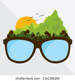vector graphic glasses with concept travel and journey natural style. creative design green mountain and sunset.