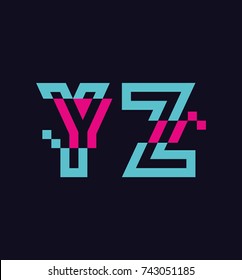 Vector graphic Glitch font / 4 letters / Vibrant blue and pink