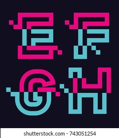 Vector graphic Glitch font / 4 letters / Vibrant blue and pink