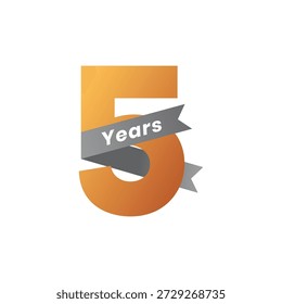 Vector Graphic of Golden Number Five Anniversary Celebration, Featuring a Decorative Ribbon, Perfect for Corporate Event, Birthday, or Company Anniversary Design Element on White