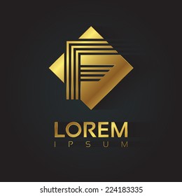 Vector graphic golden square alphabet symbol with striped letter / Letter F