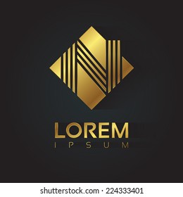 Vector graphic golden square alphabet symbol with striped letter / Letter N