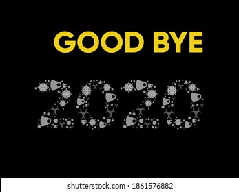 Vector graphic of Good Bye 2020 lettering logo with coronavirus COVID-19 bacteria cell icon, medical face masks icon and biohazard signs. 2020 typography filled with health icons. vector eps10.
