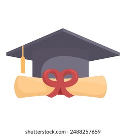 Vector graphic of a graduation cap with a tassel and diploma tied with a red ribbon