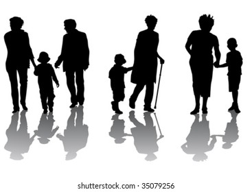 Vector graphic grandmother and grandson. Silhouettes on a white background