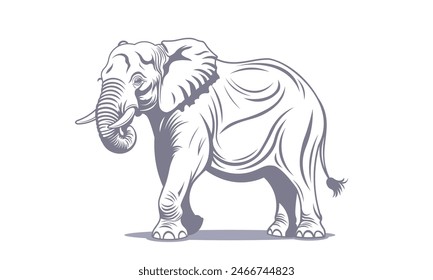 Vector graphic gray monochrome African or Indian wrinkled elephant. Zoo. Engraving of a large savannah animal with trunk and tusks. Wildlife of Africa. White isolated background.